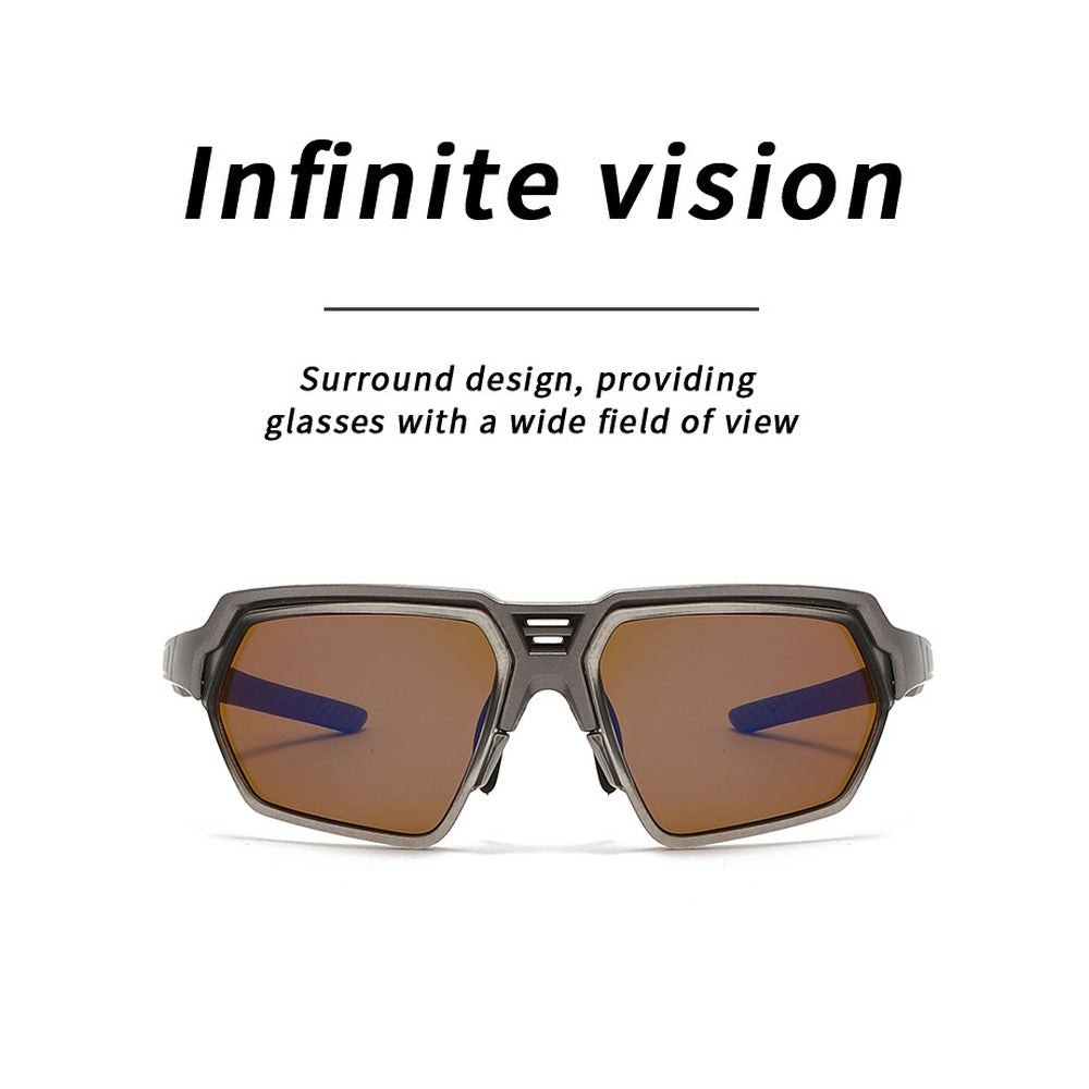 Polarized fishing sunglasses with silver frame and amber lenses on a white background