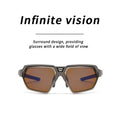 Polarized fishing sunglasses with silver frame and amber lenses on a white background