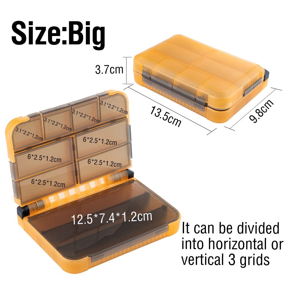 Tackle box size diagram showing the large 13.5 by 9.8 by 3.7 cm box and its eight compartments