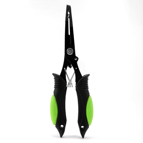 Fishing pliers with black steel jaws and green handle grips on a white background