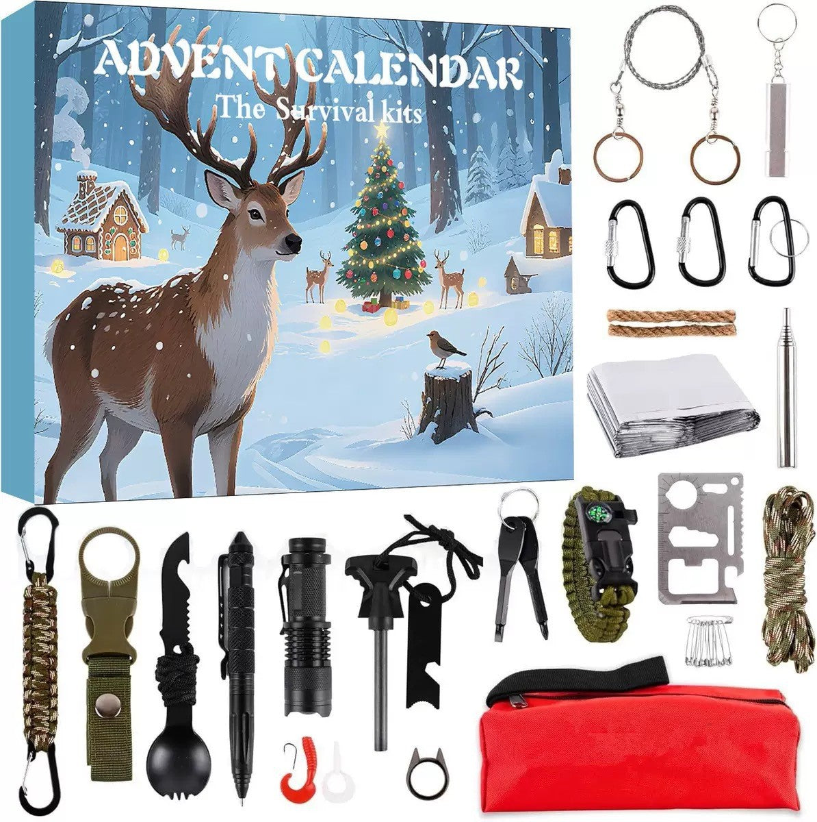 Survival kit gift box beside the full set of camping tools laid out