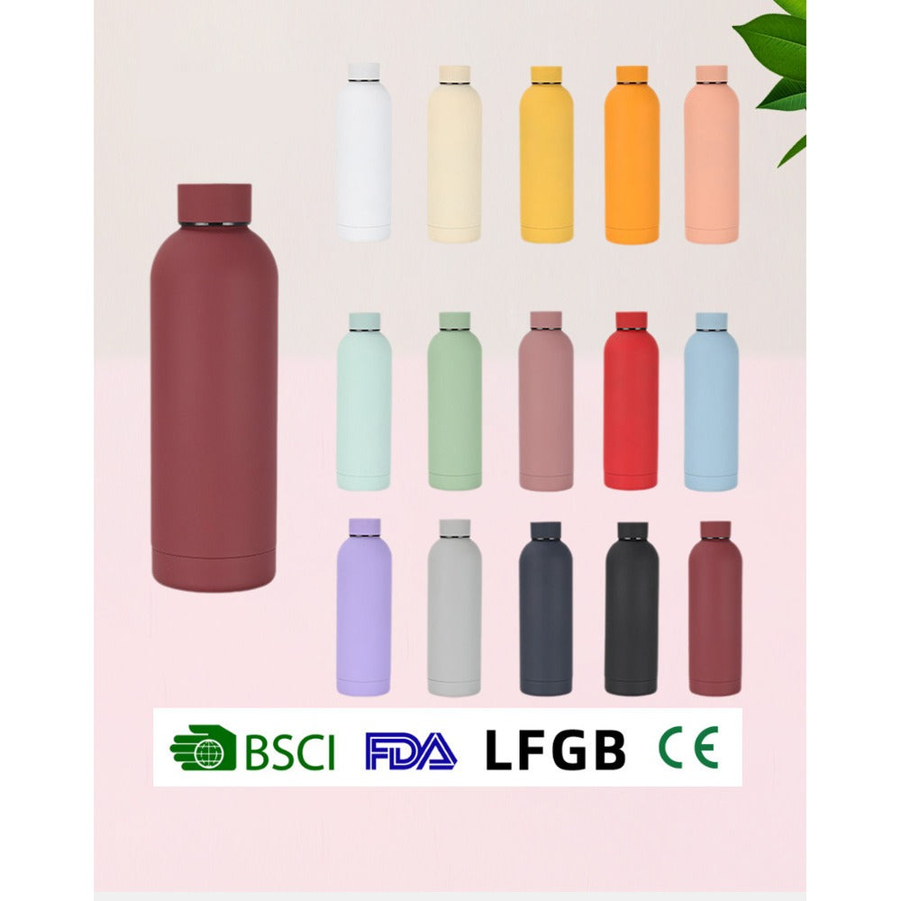 Colour chart of rubber-painted insulated bottles in cream, yellow, orange, pink, mint, green, rose, red and light blue