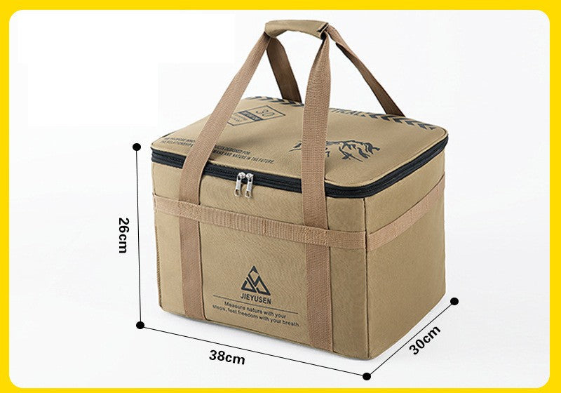 Khaki 30L camping storage bag on a white background with size measurements
