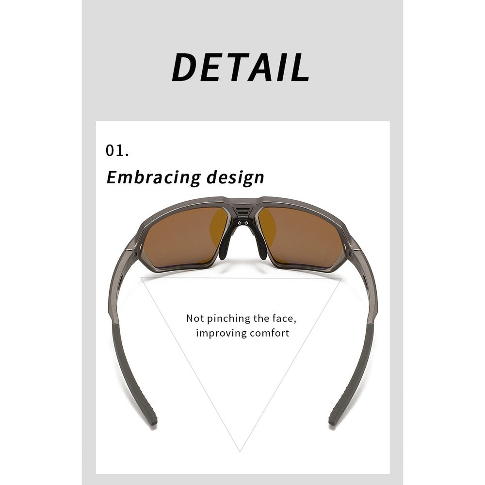 Front view of the polarized sunglasses showing the wrap-around embracing frame design
