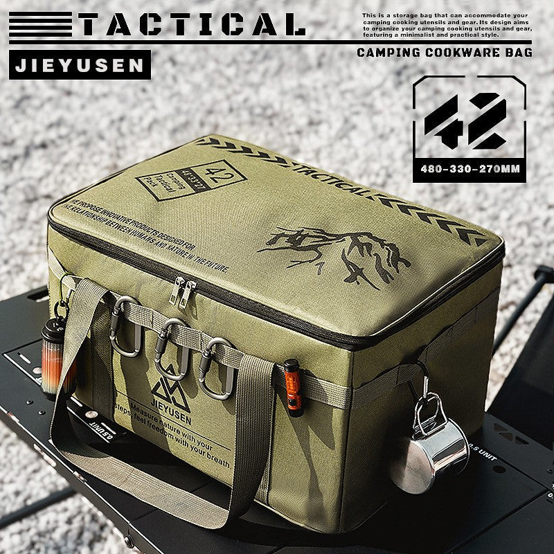 Army green 30L tactical storage bag with tools in the open side pockets