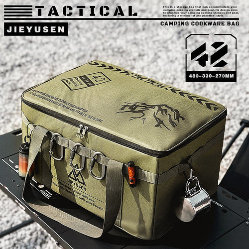 Army green 30L tactical storage bag with tools in the open side pockets