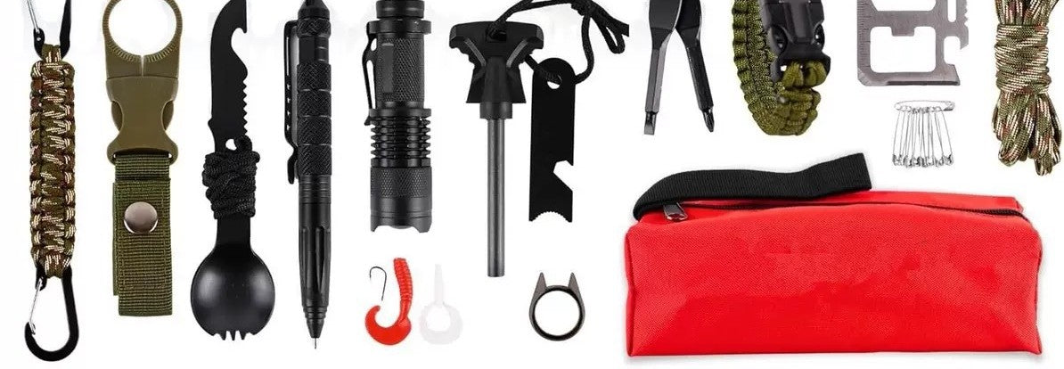 Row of survival tools: paracord bracelets, spork, pen, flashlight, ferro rod, pliers and pouch