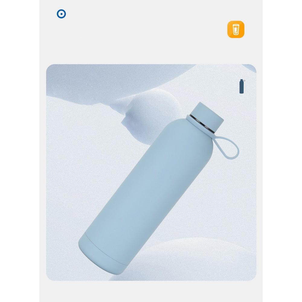 Light blue stainless steel insulated bottle with a screw cap and carry loop