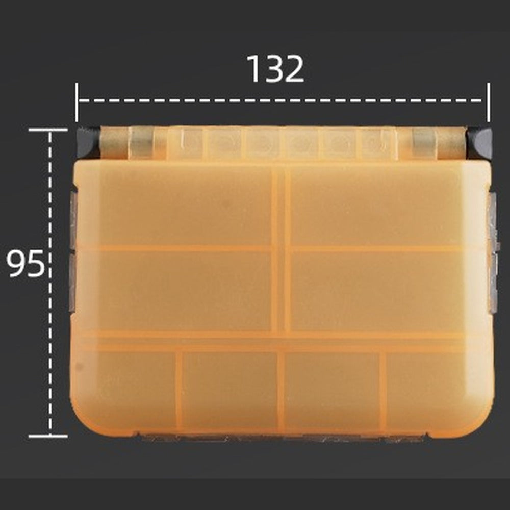 Closed yellow folding tackle box shown with its 132 by 95 millimetre dimensions