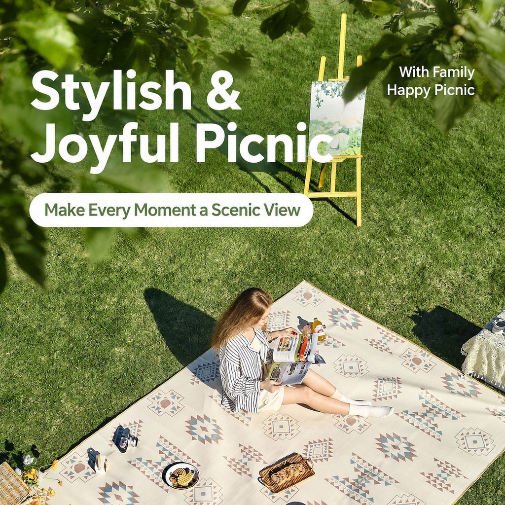 Picnic mat spread on grass with fruit, drinks and flowers
