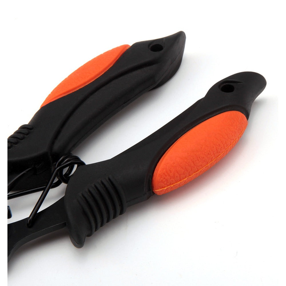 Close-up of fishing plier handles with orange rubber grips and the steel reset spring
