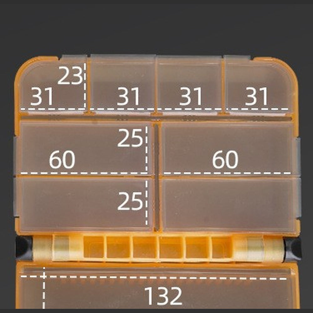 Open folding tackle box showing eight internal compartments with millimetre dimensions