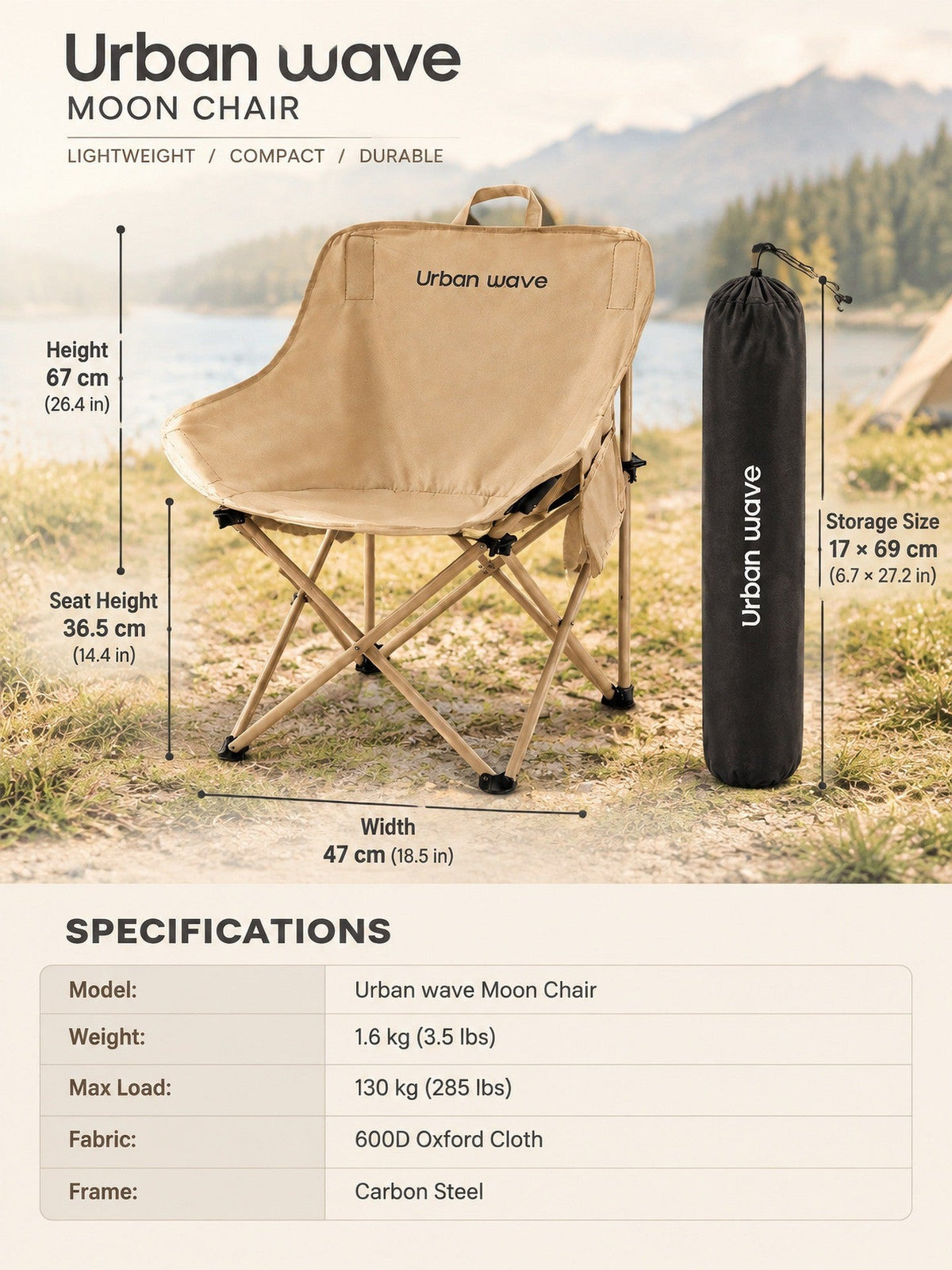 Moon chair with height, seat height, width and storage size measurements