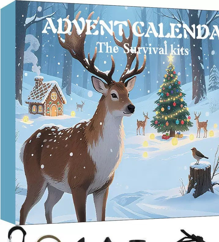 Printed survival kit gift box with a winter forest design