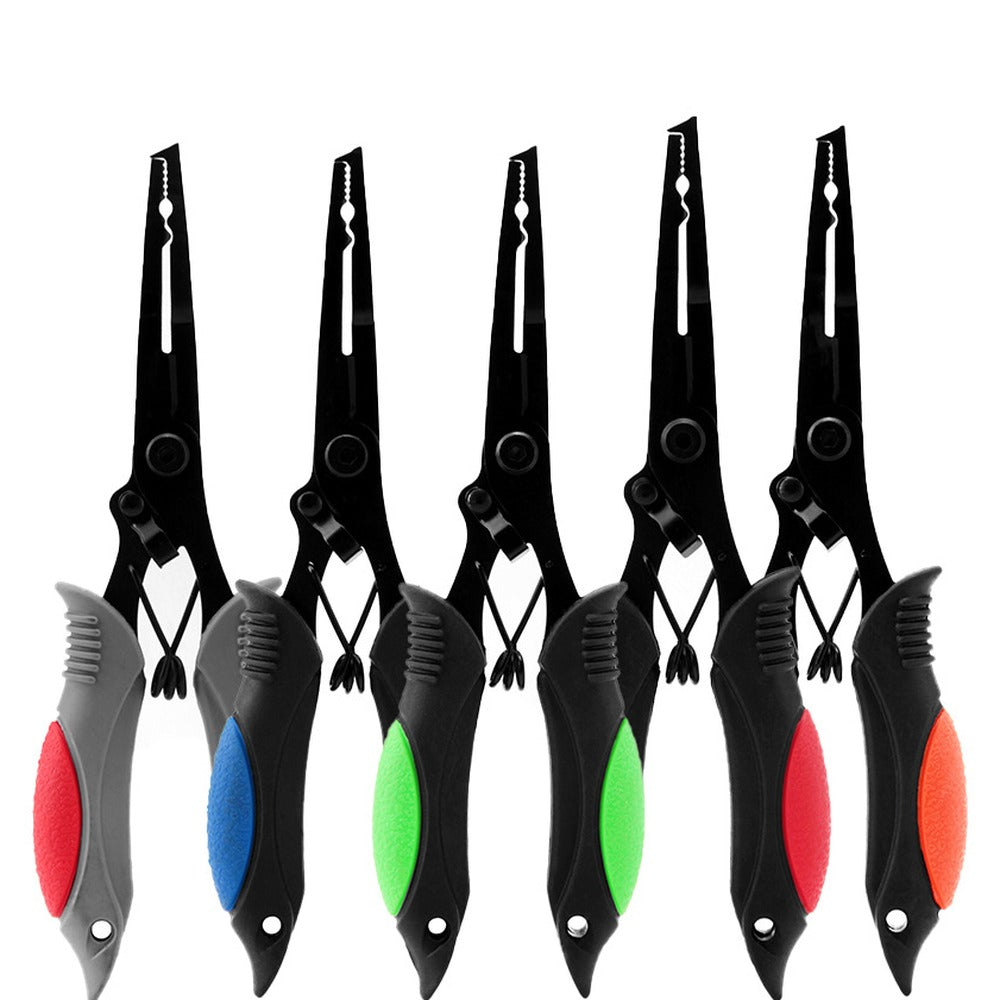 Five fishing pliers lined up side by side showing the five handle colour options