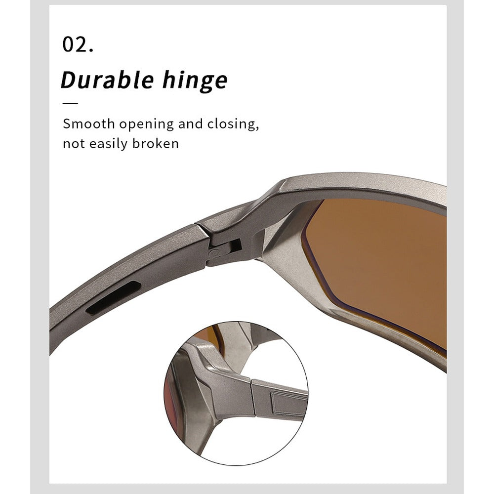Close-up of the durable hinge on the silver frame sunglasses