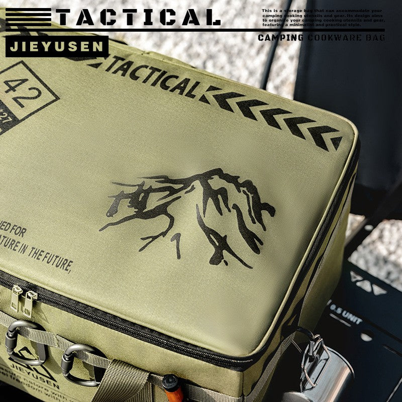 Close-up of the lid of the camping storage bag showing the printed graphic