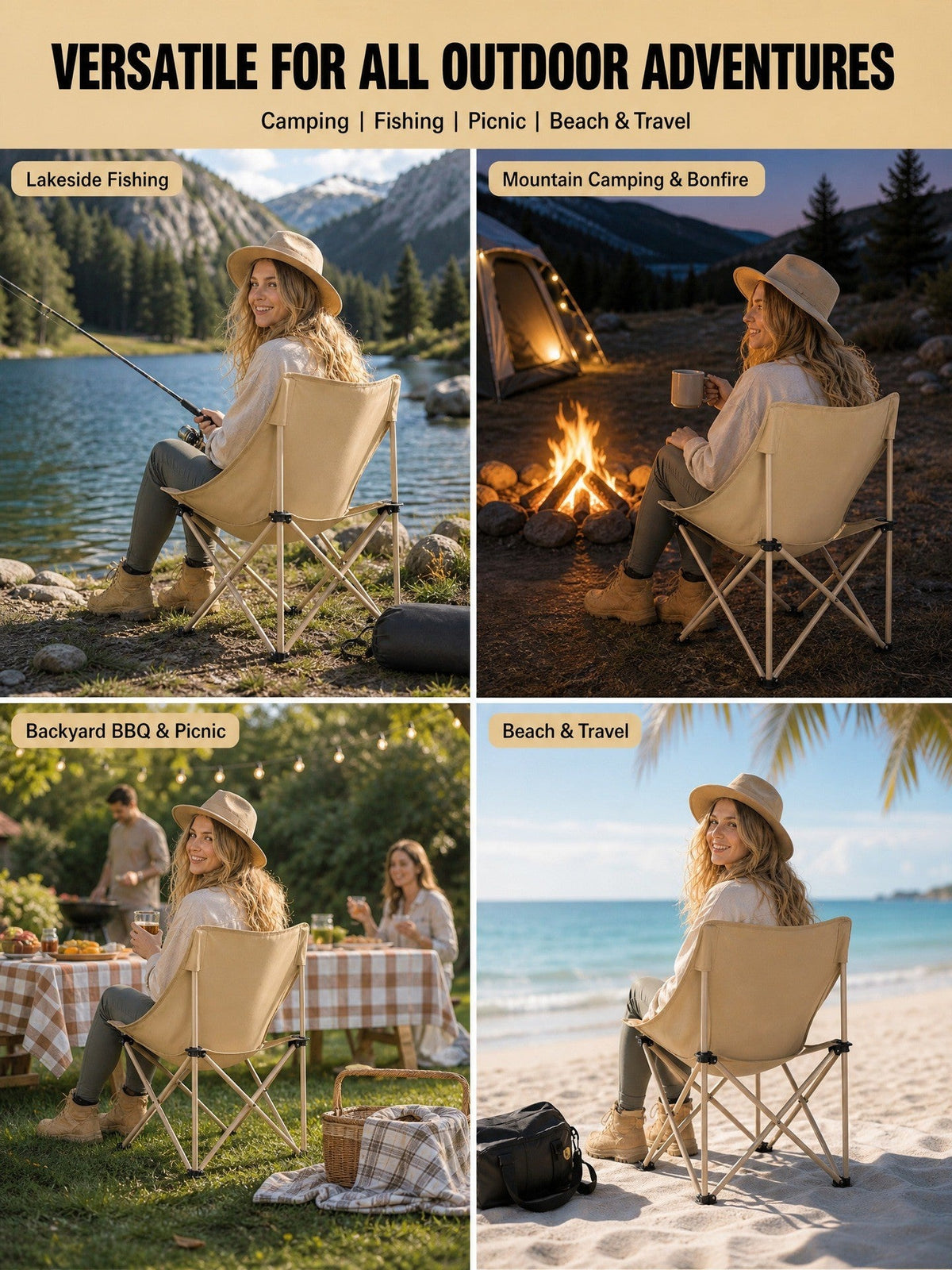 Moon chair used lakeside, at a campfire, at a picnic and on the beach