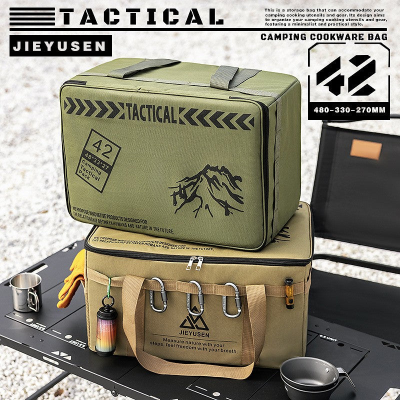 Two camping storage bags stacked, one army green and one khaki