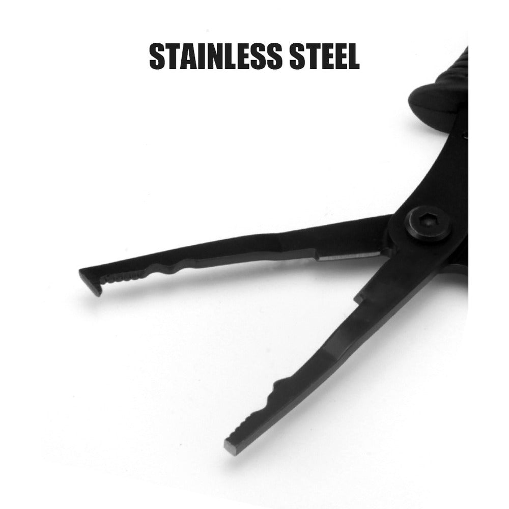 Close-up of the serrated eagle-beak fishing plier jaw and the integrated line cutter