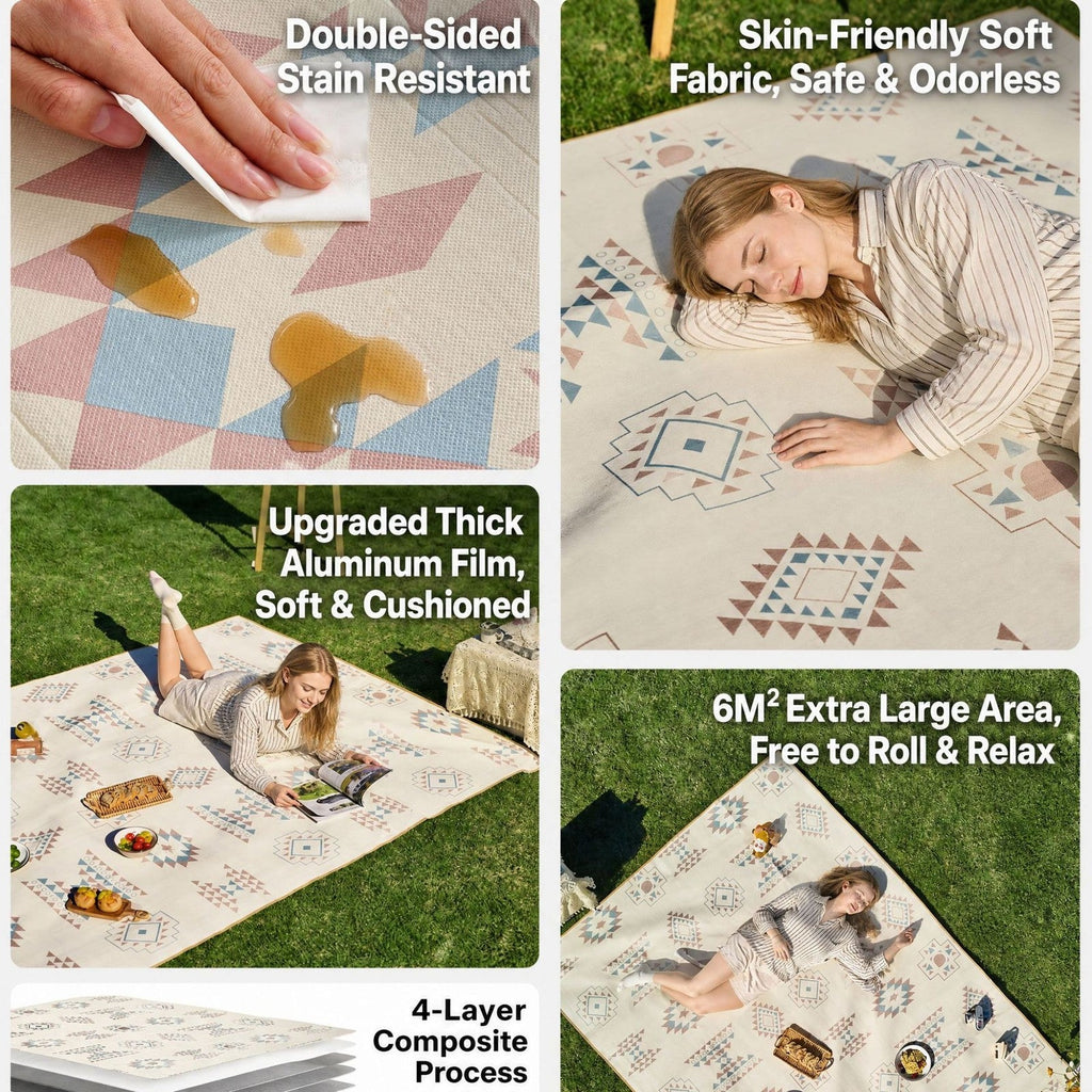 Corner of the picnic mat showing the double sided soft fabric