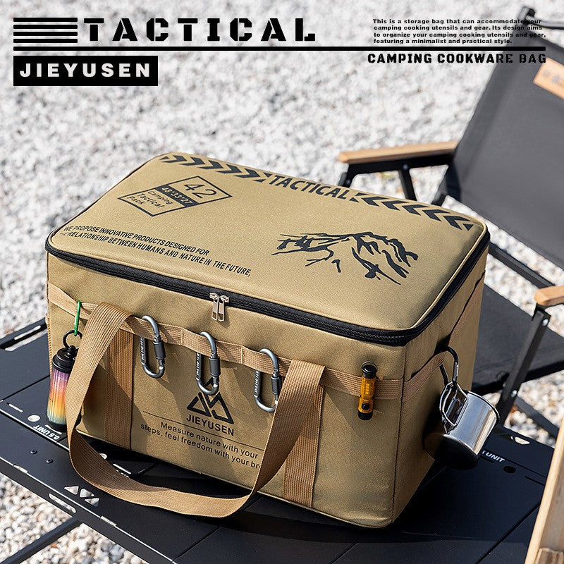 Khaki camping storage bag with the lid closed and side pockets in use