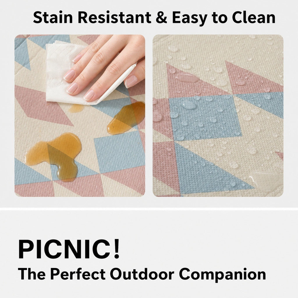 Water droplets beading on the wipe clean picnic mat surface