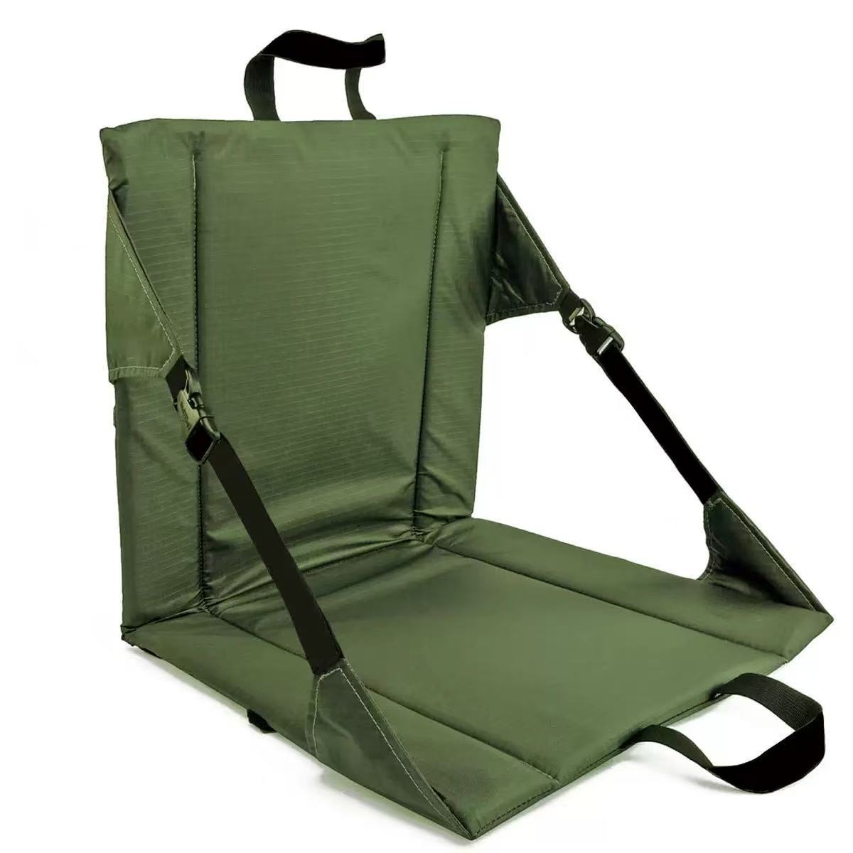 Olive green folding chair cushion with padded backrest, buckle straps and carry handles