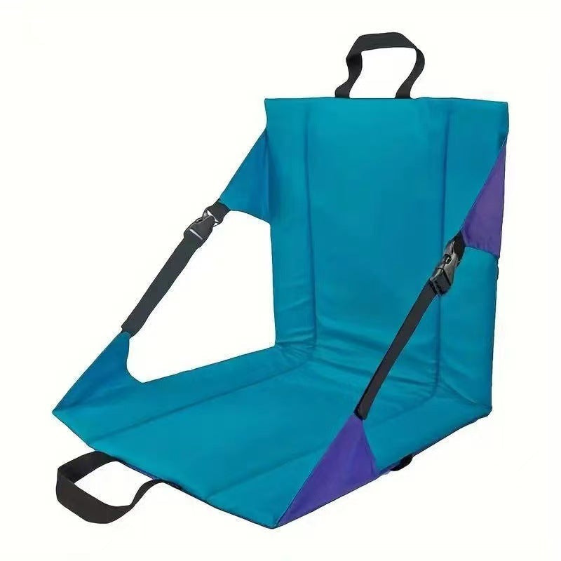 Teal and purple folding chair cushion with backrest on a white background