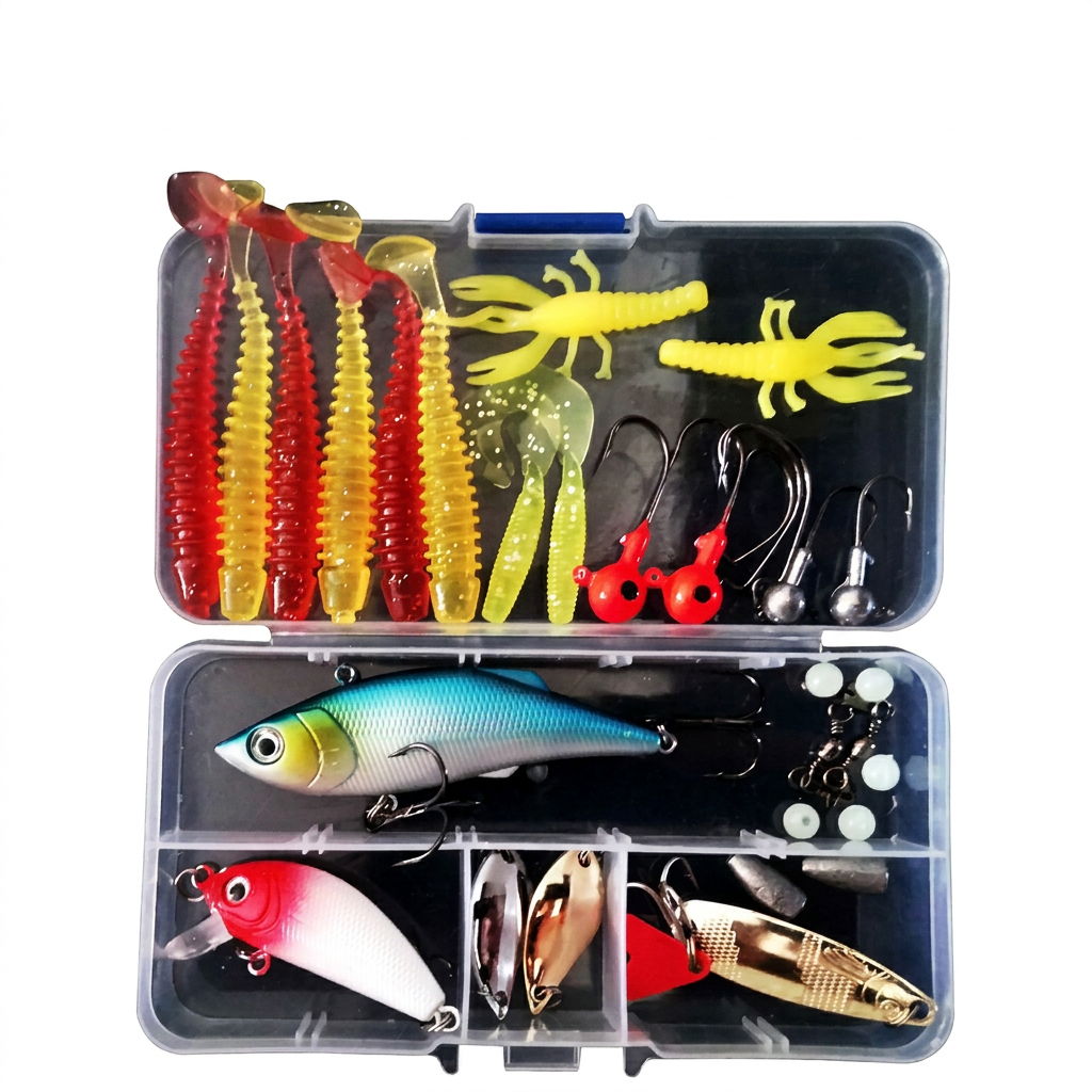 Basecamp & Bank 32-piece soft plastic bait kit with paddle-tail worms, stick baits and craws