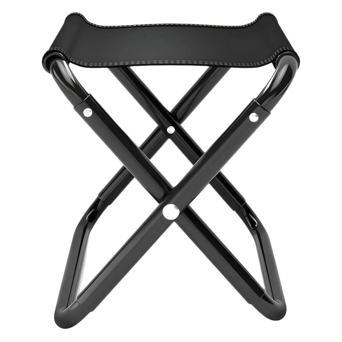Black folding camp stool with an aluminum frame and an oxford-fabric seat, on a white background