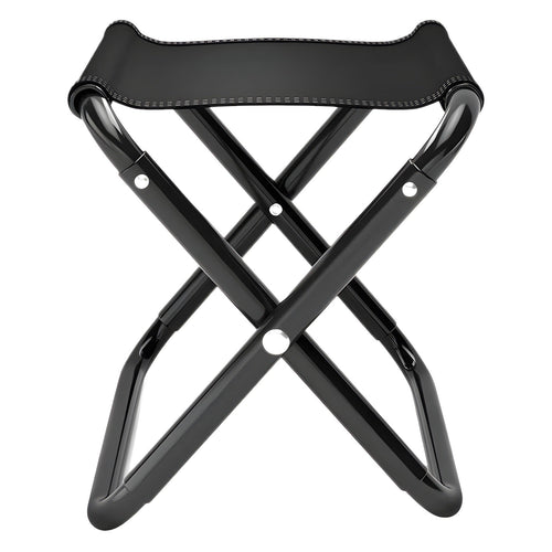 Black folding camp stool with an aluminum frame and an oxford-fabric seat, on a white background